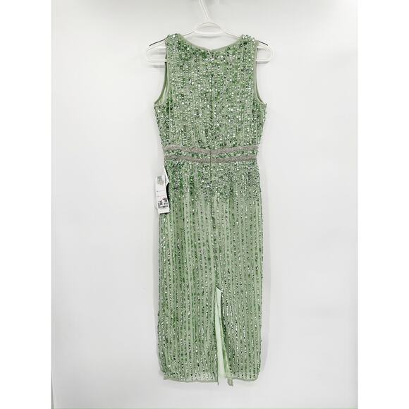 Mac Duggal 70267 Green Sage Sequined V Neck Midi Sheath Dress Size 2 NWT - Picture 3 of 5